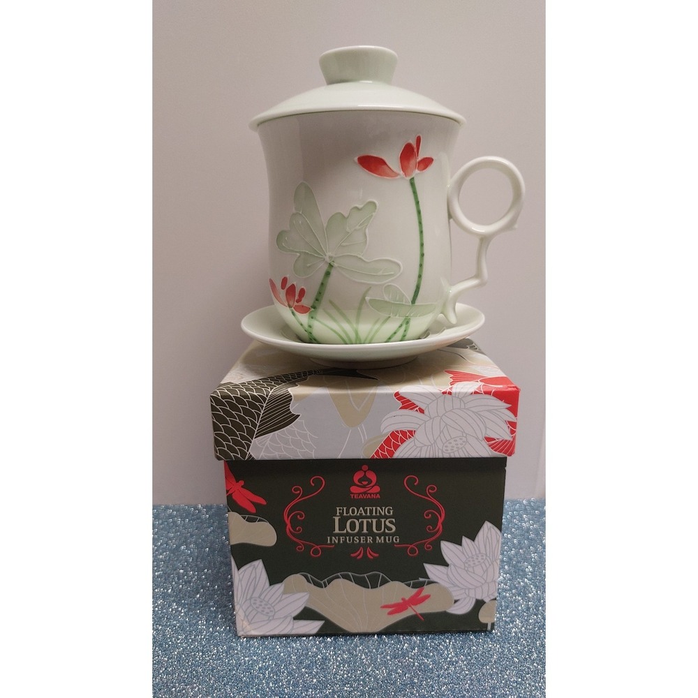 Vintage Teavana Porcelain Floating Lotus Infuser Mug 10 oz  With Box 4 Pcs